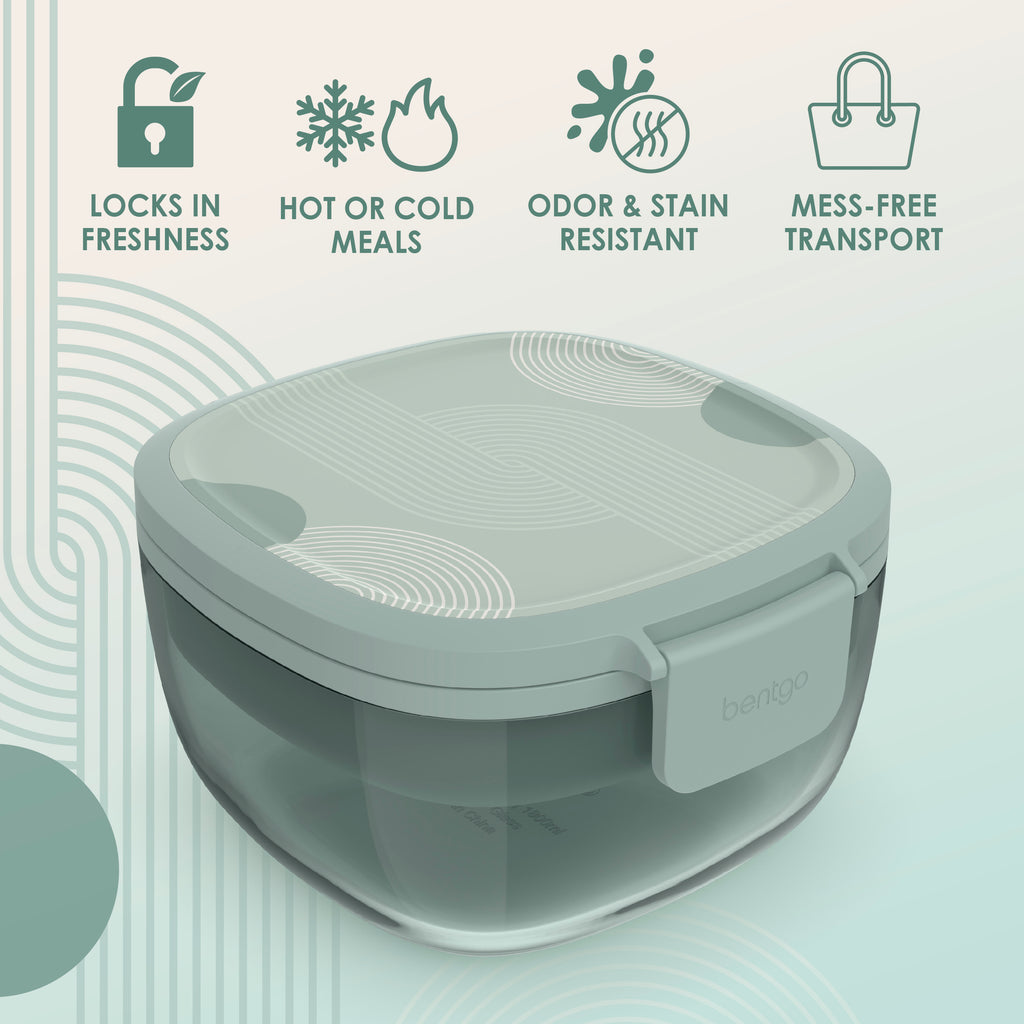 Bentgo® Glass Prints All-in-One Salad Container - Mod Curve - Serene Green | Locks In Freshness, Great For Hot Or Cold Meals, And  Odor & Stain Resistant For Mess Free Transport