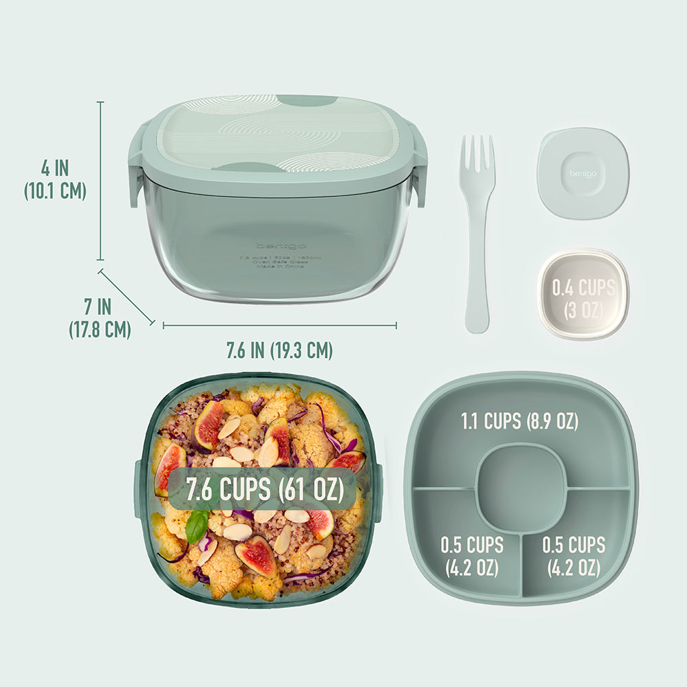 Bentgo® Glass Prints All-in-One Salad Container - Mod Curve - Serene Green | Salad Container Dimensions