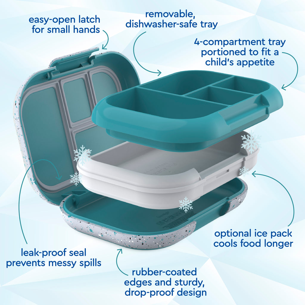 Bentgo Kids Chill Lunch Box & 2 Extra Trays with Lids - Truly Teal Speckle | Easy-Open Latch For Small Hands, Removable, Dishwasher-Safe Tray, 4-Compartment Tray Portioned To Fit A Child’s Appetite, Leak-Proof Seal Prevents Messy Spills, Optional Ice Pack Cools Food Longer, Rubber-Coated Edges And Sturdy, Drop-Proof Design