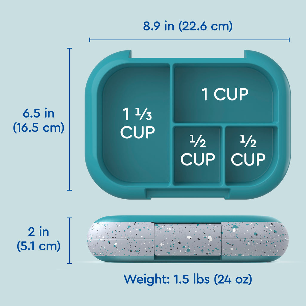 Bentgo Kids Chill Lunch Box & 2 Extra Trays with Lids - Truly Teal Speckle | Dimensions