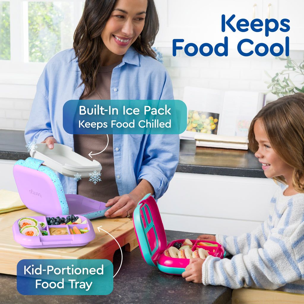 Bentgo Kids Chill Lunch Box & 2 Extra Trays with Lids - Vivid Orchid Speckle | Built-In Ice Pack Keeps Food Chilled And Kid-Portioned Food Tray