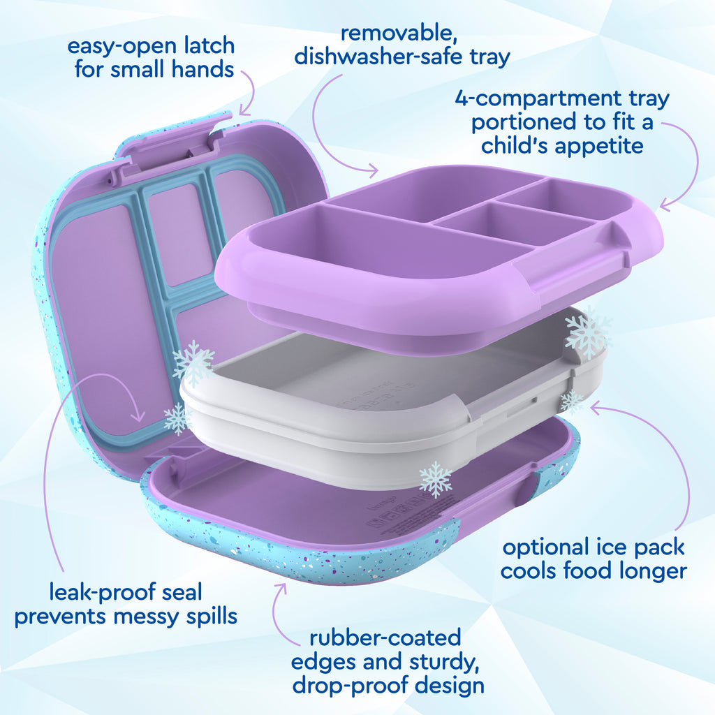 Bentgo Kids Chill Lunch Box & 2 Extra Trays with Lids - Vivid Orchid Speckle | Easy-Open Latch For Small Hands, Removable, Dishwasher-Safe Tray, 4-Compartment Tray Portioned To Fit A Child’s Appetite, Leak-Proof Seal Prevents Messy Spills, Optional Ice Pack Cools Food Longer, Rubber-Coated Edges And Sturdy, Drop-Proof Design