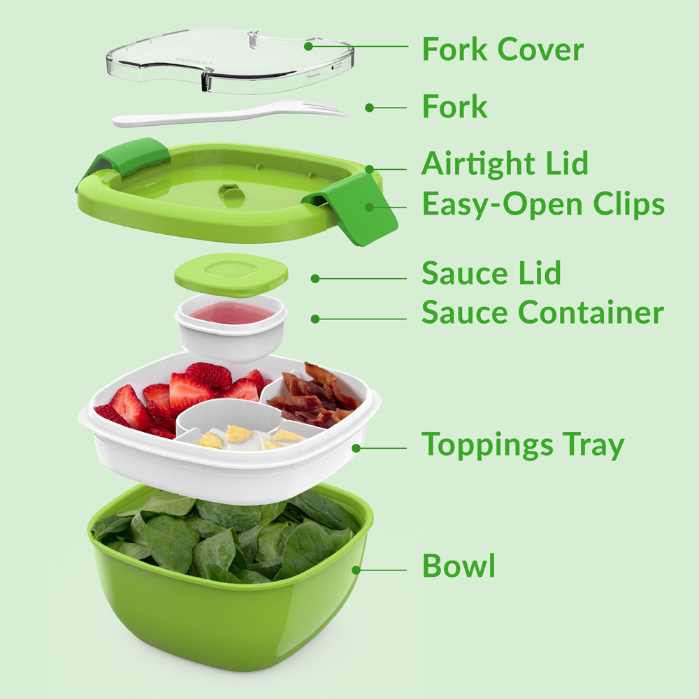 Bentgo® All-in-One Salad Container  - Green | Includes Fork Cover, Fork, Airtight Lid, Easy-Open Clips, Sauce Lid, Sauce Container, Toppings Tray, And Bowl