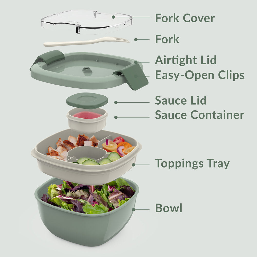 Bentgo® All-in-One Salad Container  - Khaki Green | Includes Fork Cover, Fork, Airtight Lid, Easy-Open Clips, Sauce Lid, Sauce Container, Toppings Tray, And Bowl