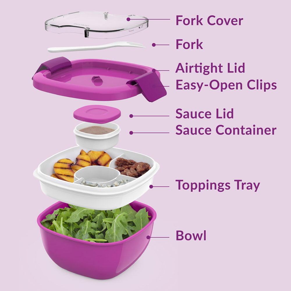 Bentgo® All-in-One Salad Container  - Purple | Includes Fork Cover, Fork, Airtight Lid, Easy-Open Clips, Sauce Lid, Sauce Container, Toppings Tray, And Bowl