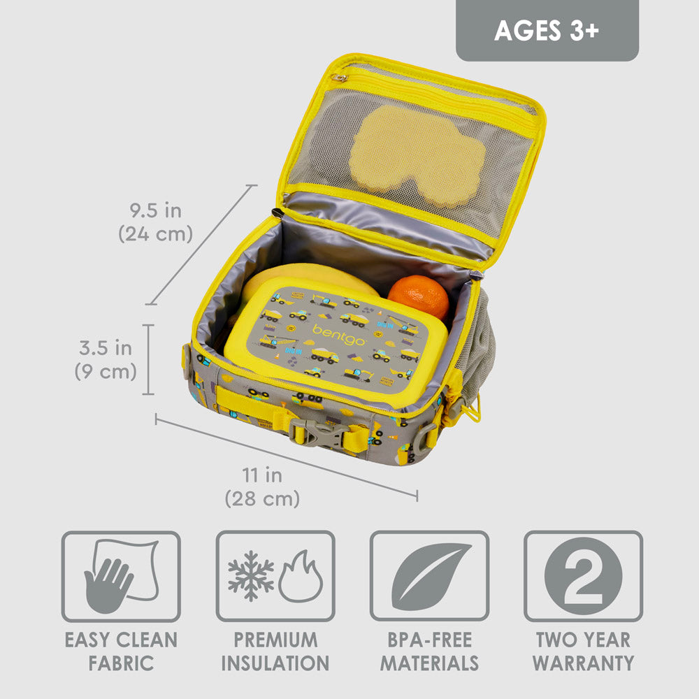 Bentgo® Kids Prints Lunch Bag | Construction Trucks - Made with Easy Clean Fabric and BPA-Free Materials