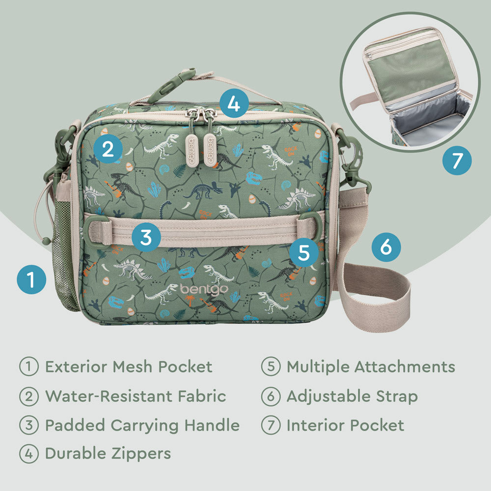 Bentgo® Kids Prints Lunch Bag | Dino Fossils - Lunch Bag Features Include An Exterior Mesh Pocket, Padded Carrying Handle, Durable Zippers, and much more